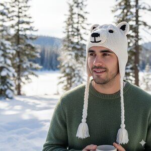 NWOT Adult Hat 100% Wool With Pom Pom Animal Cozy Cute Hand Knit Soft Ivory